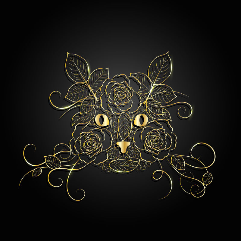 黑色背景中金色华丽的猫脸矢量