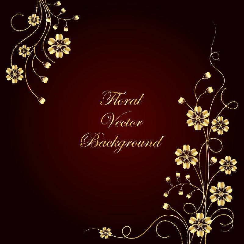 矢量花艺装饰金色的花朵在黑暗背景中