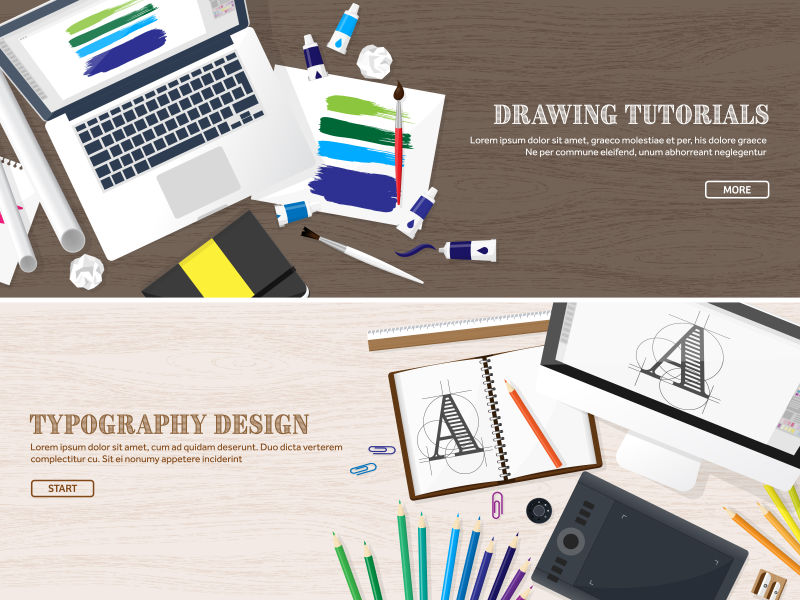 创意卡通设计师桌面矢量插图