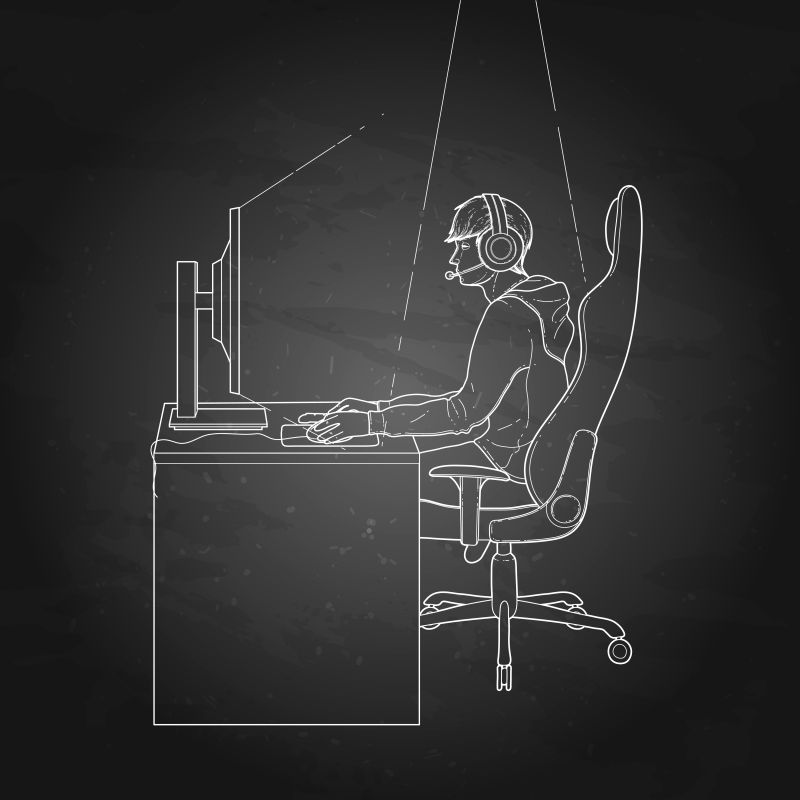 矢量年轻人坐在桌旁在玩电脑