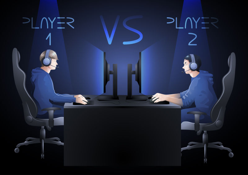 矢量两个电脑选手坐在桌子对面比赛