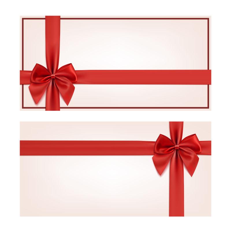 有红丝带和蝴蝶结装饰的礼品券矢量插图