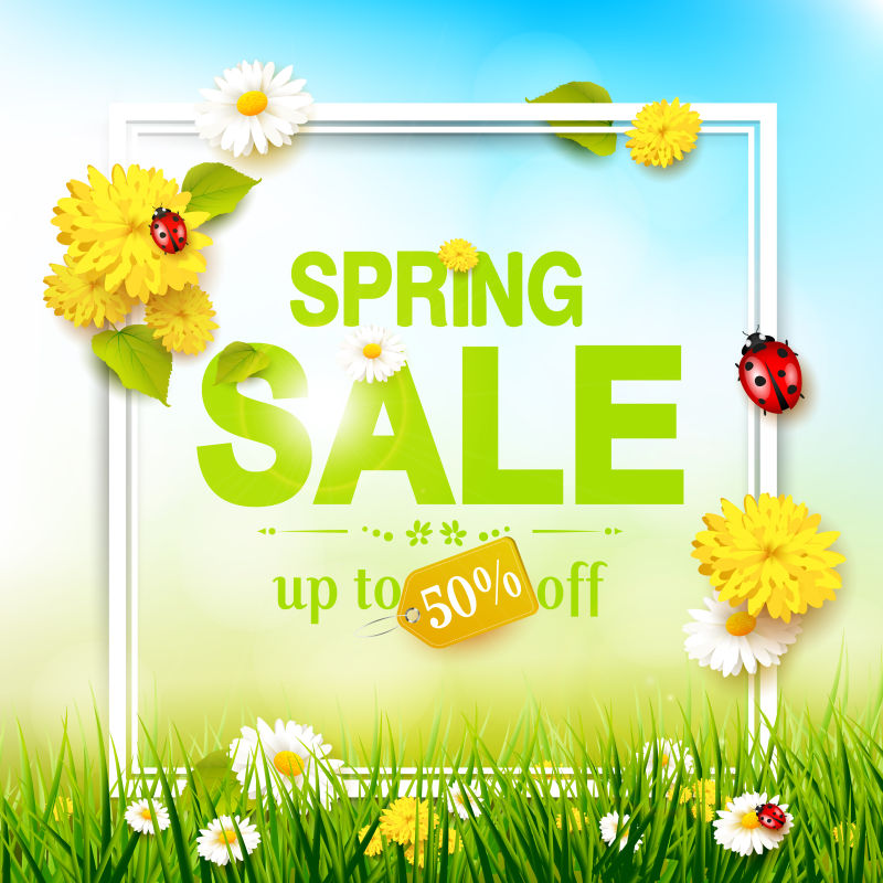 鲜花和瓢虫在草地矢量图