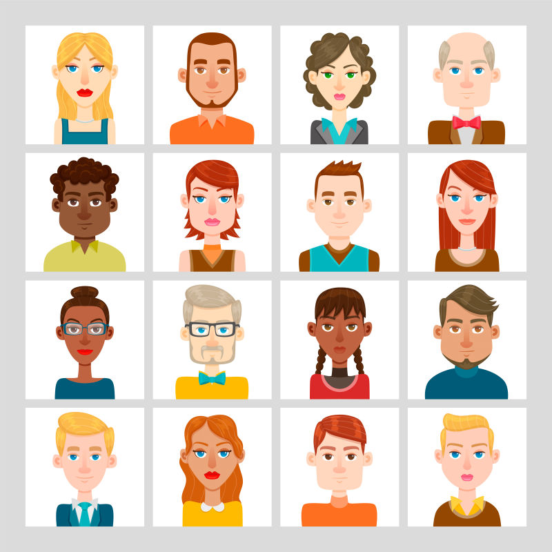 矢量不同卡通男女肖像插图