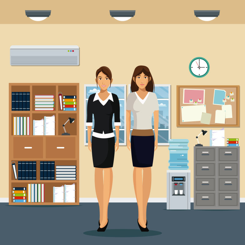 创意矢量现代办公室中的两个女职员插图