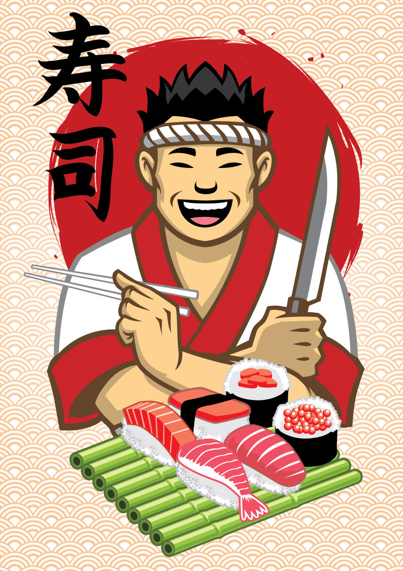 抽象矢量现代日本厨师和寿司插图