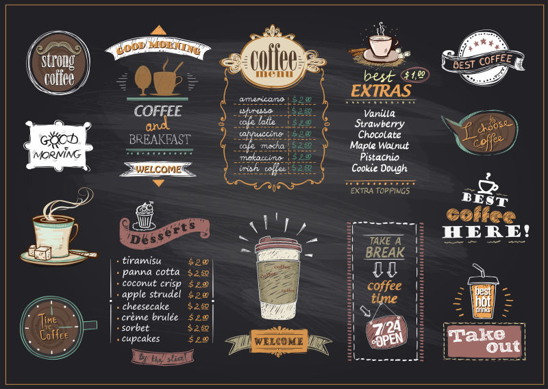 黑板咖啡和甜点菜单设计矢量