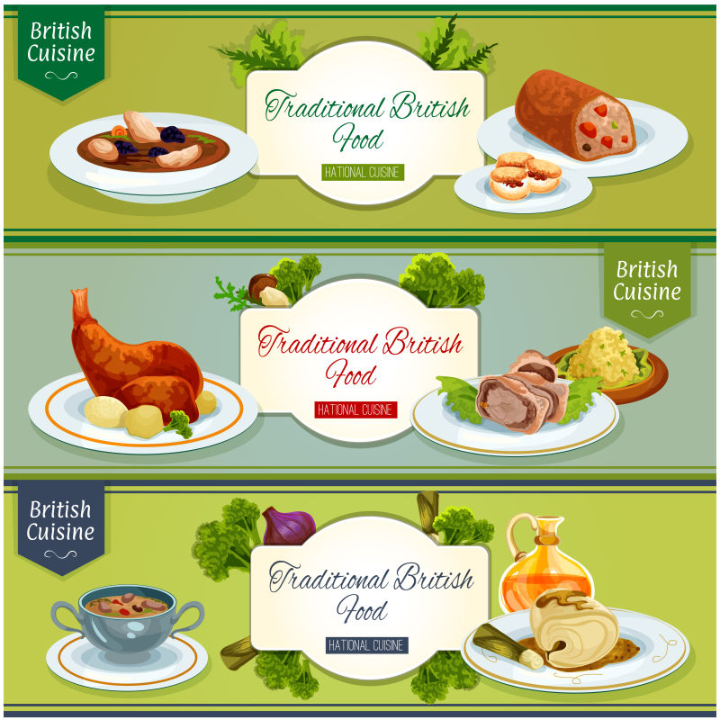 英国美食菜肴横幅套装设计矢量