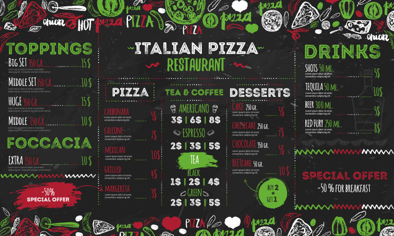 意大利比萨菜单矢量