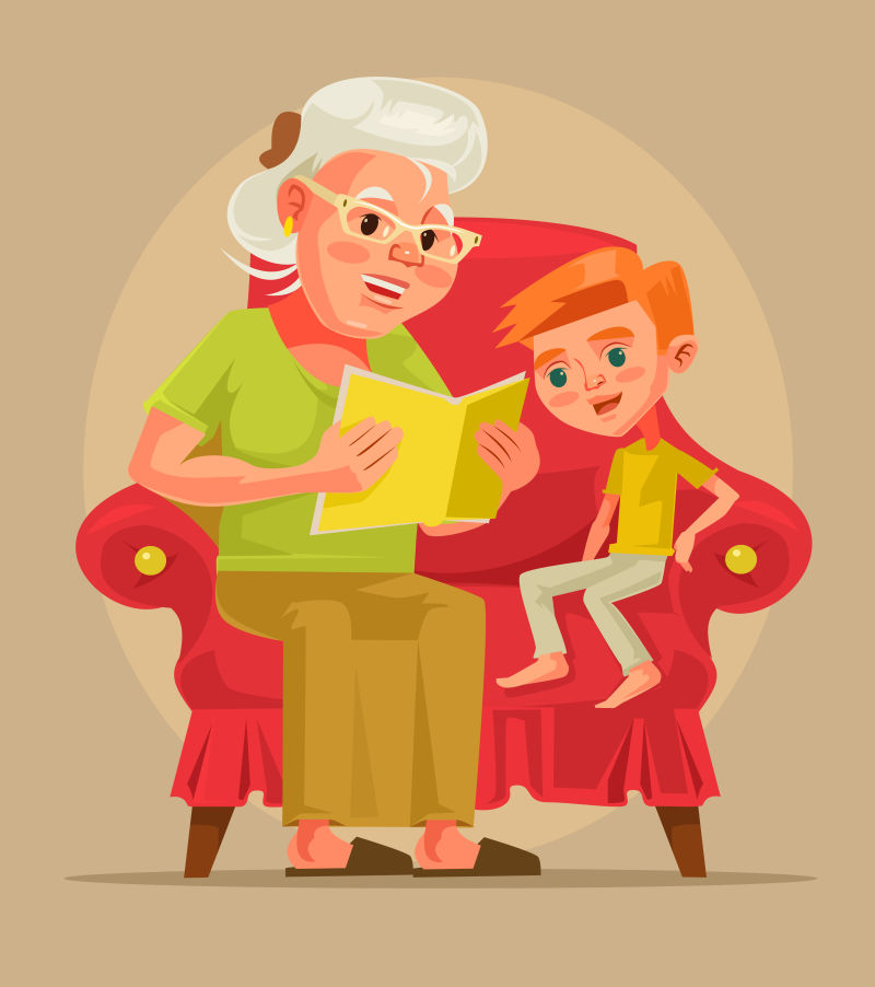 矢量奶奶和孙子坐在一起看书故事