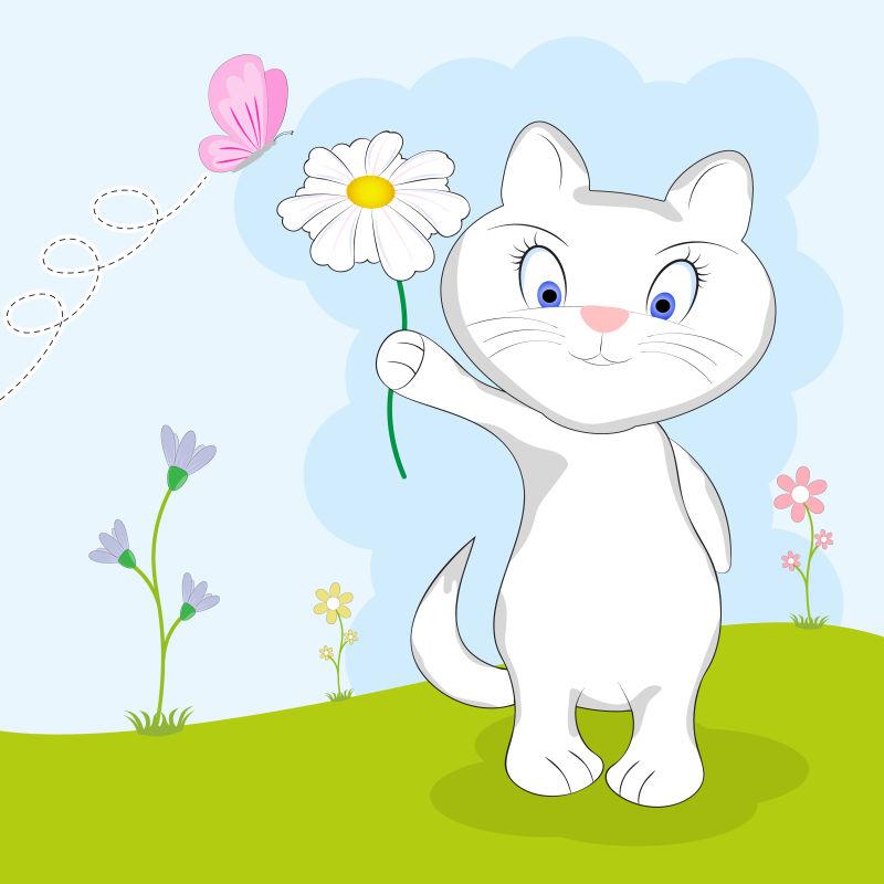拿着一朵花的可爱的猫咪卡通动物矢量