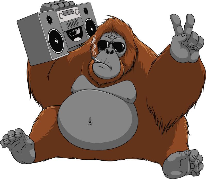 带录音机的滑稽猴子卡通动物矢量