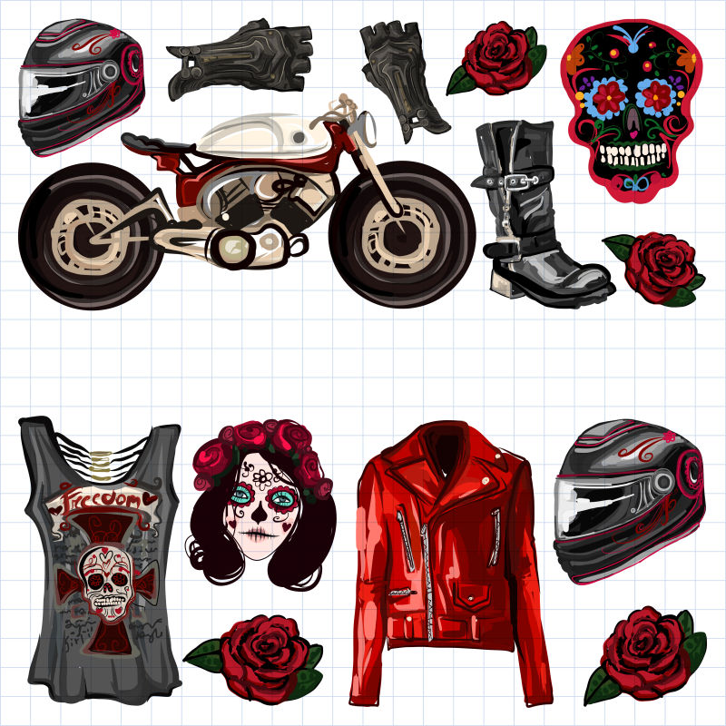 创意矢量现代时尚手绘摩托车元素插图