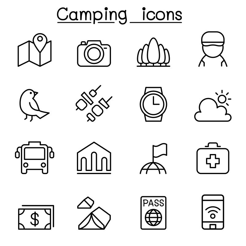 矢量细线风格的露营图标