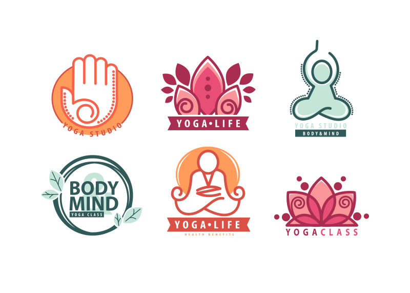 矢量瑜伽单字和标志设置