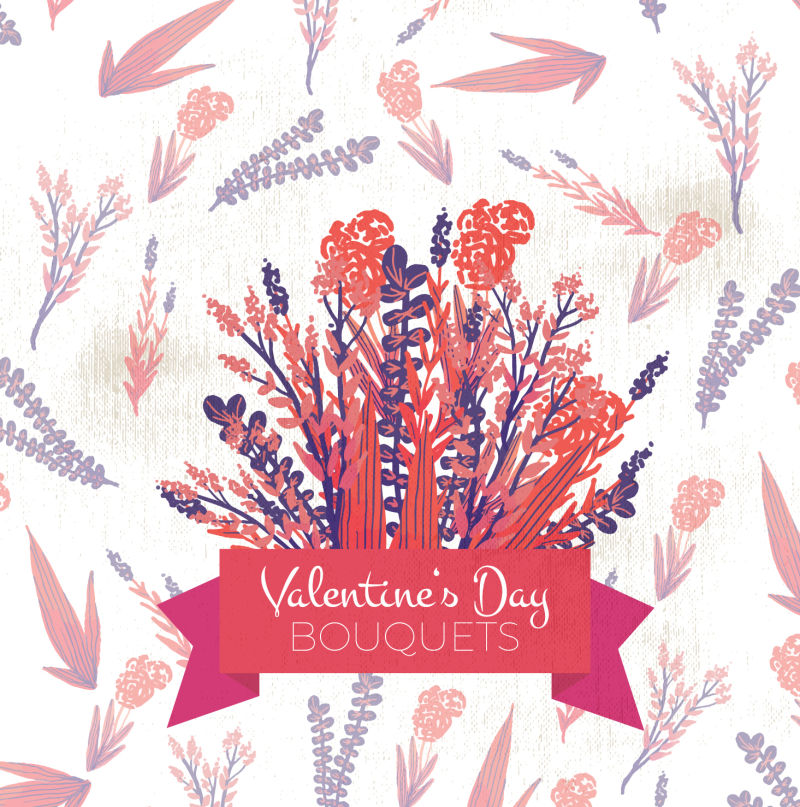 矢量手绘花草元素装饰的矢量情人节概念背景