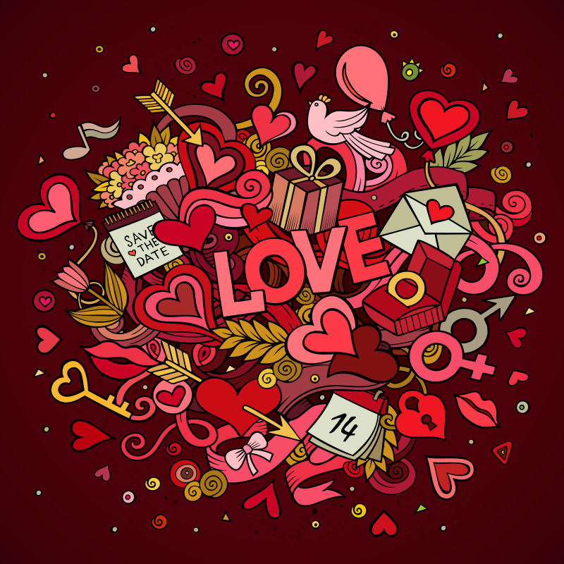 创意矢量爱情主题的手绘涂鸦插图