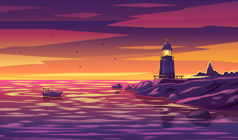 夕阳下的灯塔矢量插图