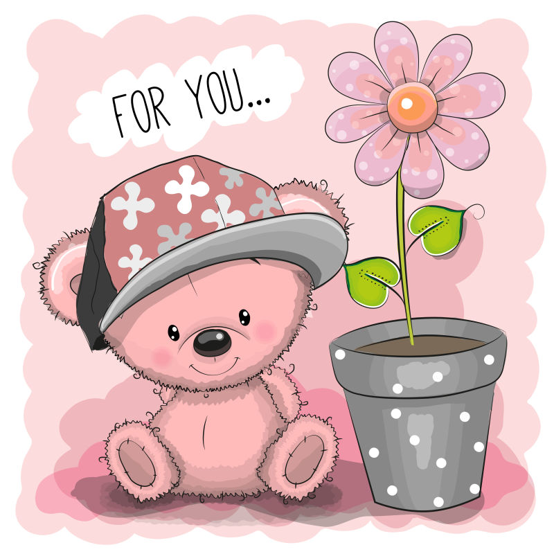 矢量粉色泰迪熊与花朵