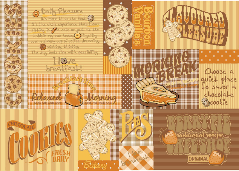 抽象矢量复古风格的糕点元素印刷插图设计