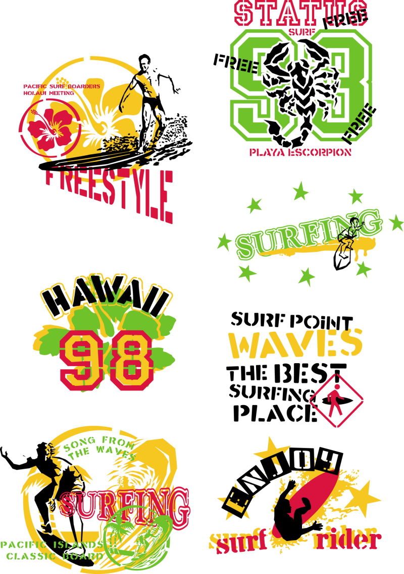 抽象矢量复古冲浪元素的印刷标签设计