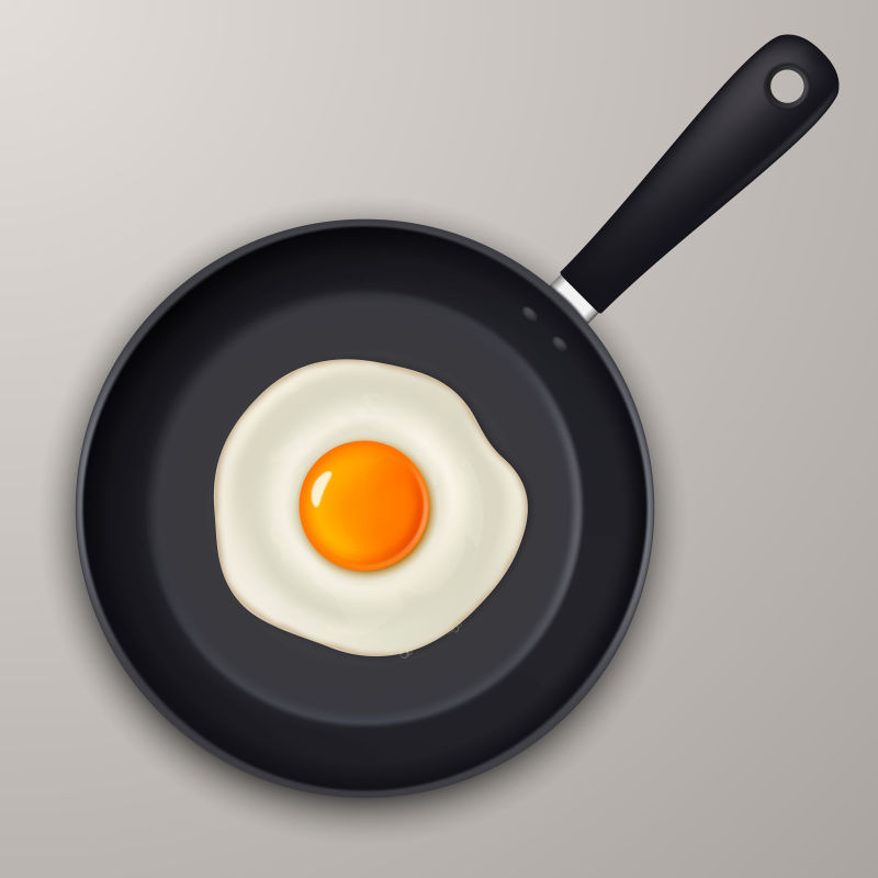 矢量黑色煎锅上的煎蛋