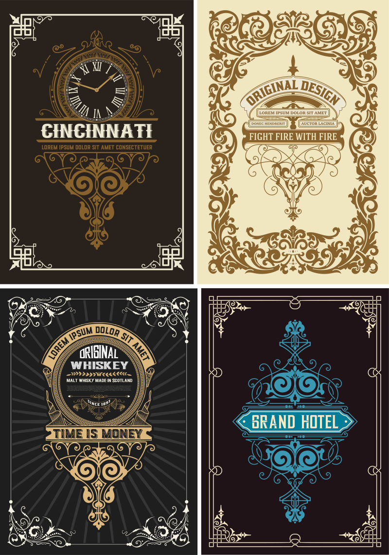 抽象矢量复古花纹元素的标签设计