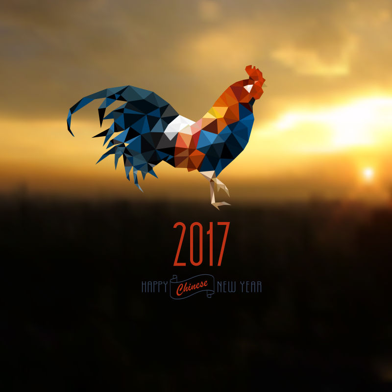 矢量几何公鸡元素的创意新年背景