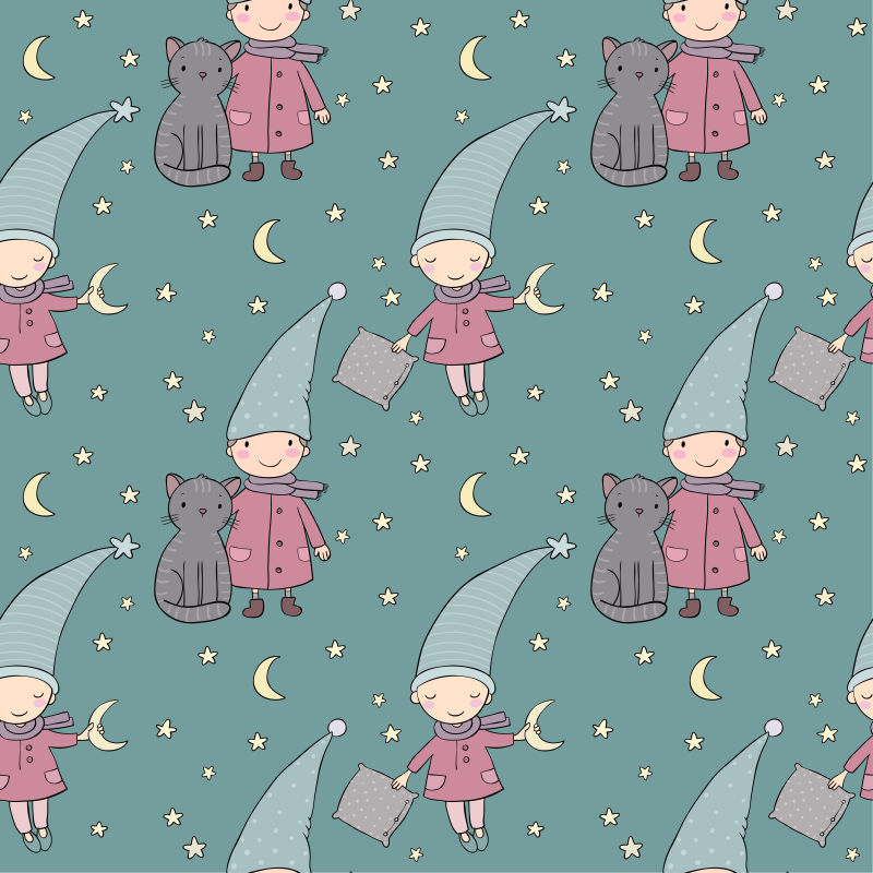 可爱男童和猫咪的矢量无缝背景