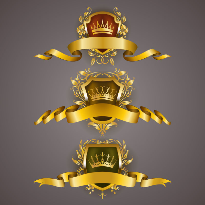 一套金色的皇家盾牌与花卉元素缎带月桂花环页网页设计旧框边框皇冠在老式风格的标签徽章徽章徽标矢量插图EPS10