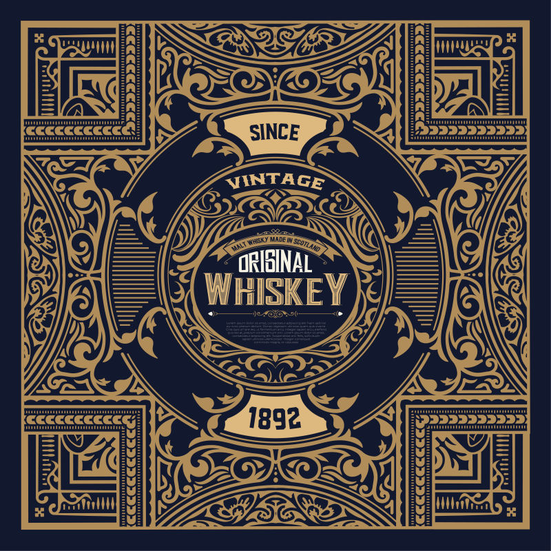 创意矢量金色花纹装饰的现代威士忌标签设计