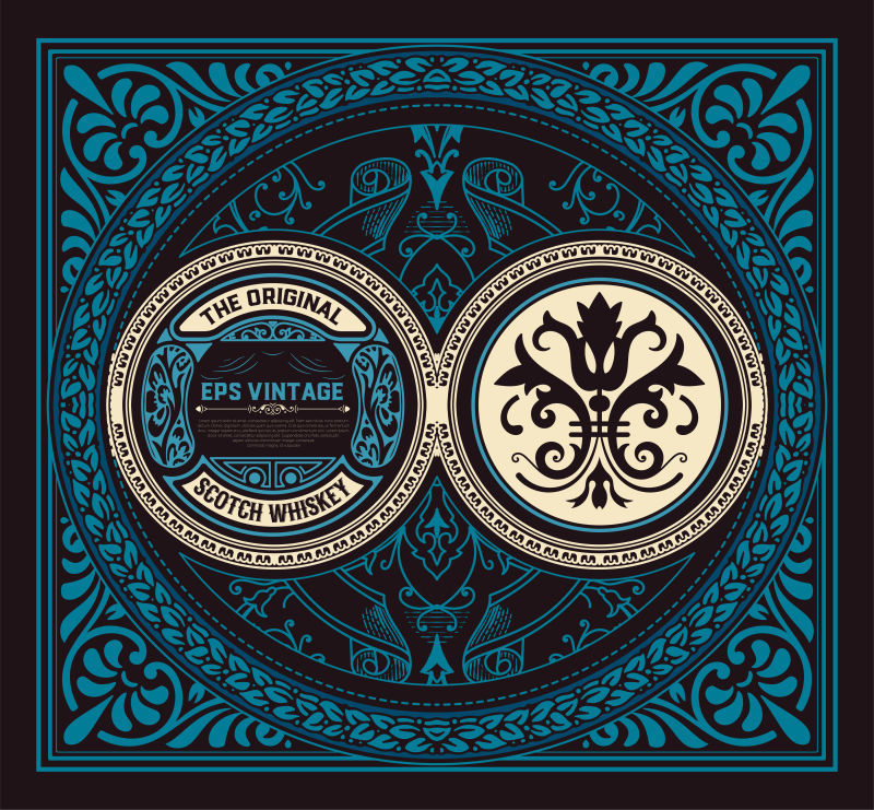 创意矢量复古蓝色花纹装饰的威士忌标签设计