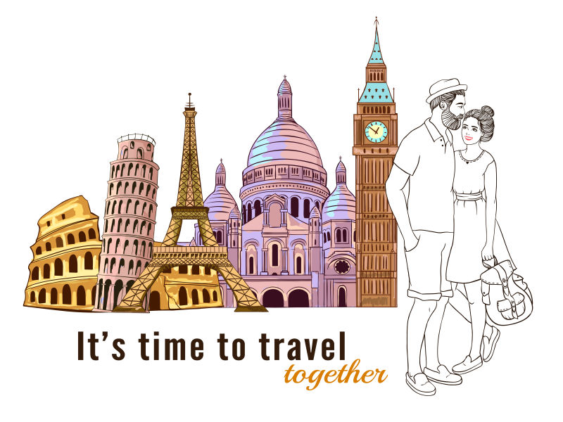 矢量欧洲旅行的夫妇