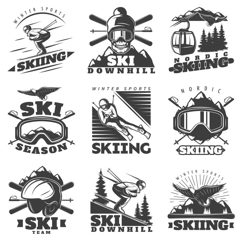 抽象矢量复古滑雪主题的标签设计