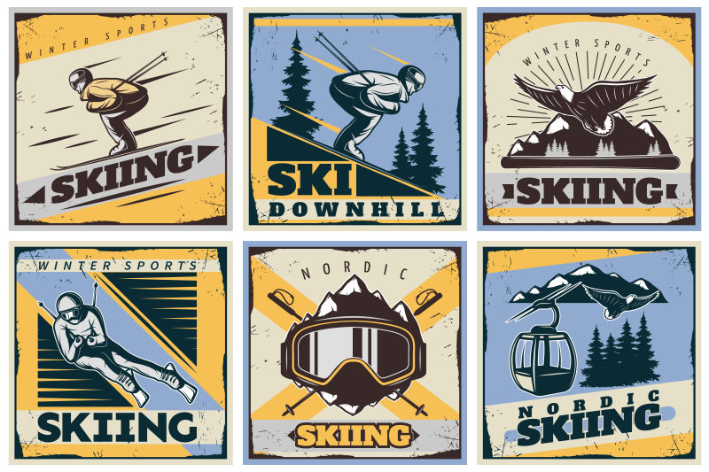 创意矢量滑雪主题的复古海报标签