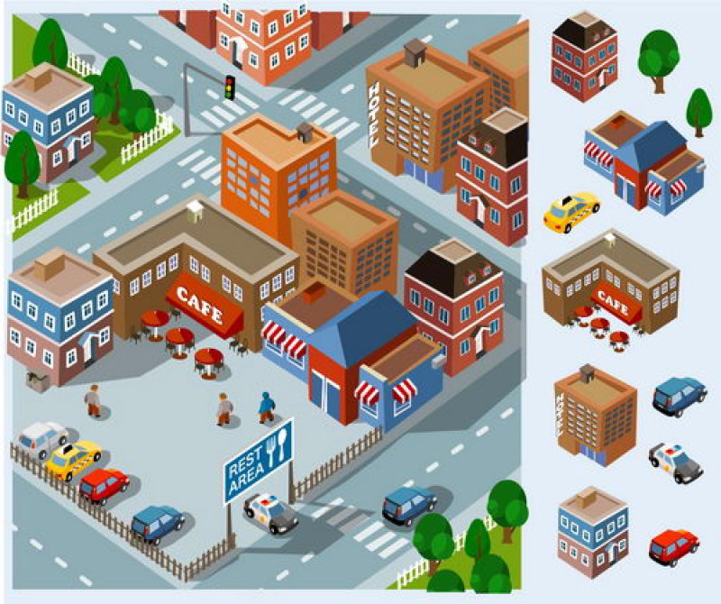 创意矢量等距风格的休息区插图