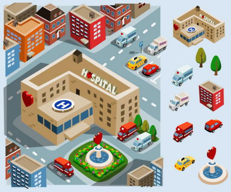 创意矢量等距的医院插图