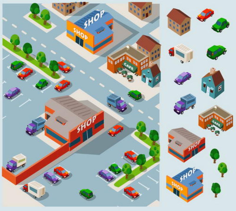 创意矢量等距风格的购物店插图
