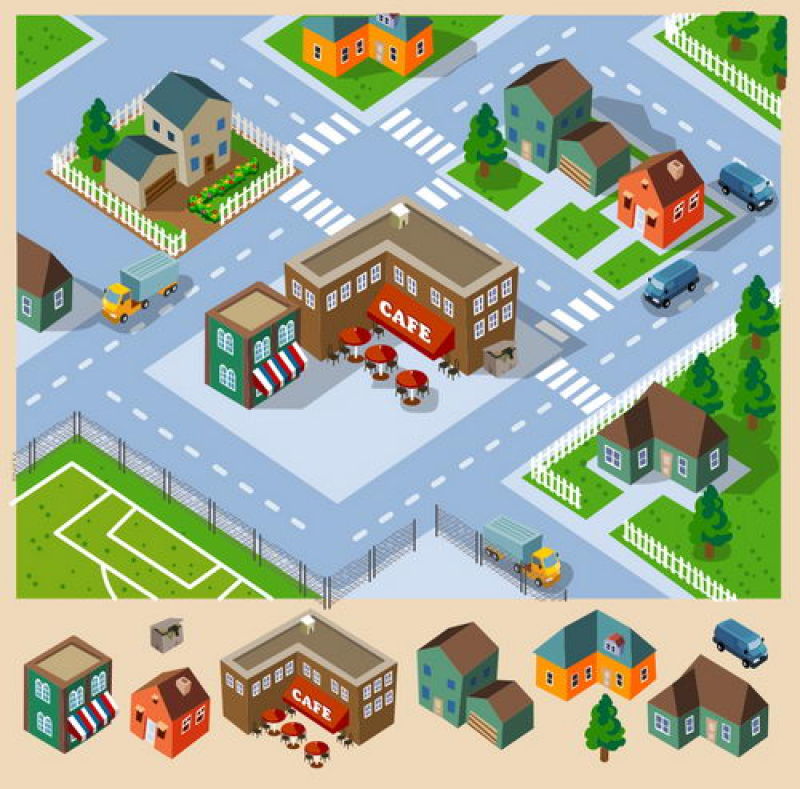创意矢量等距的城市咖啡馆插图