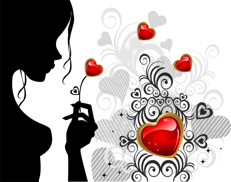 手拿爱心的美女剪影矢量插图