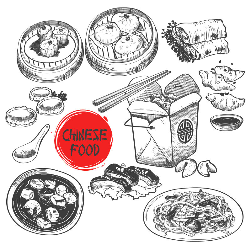 创意矢量手绘中式食品设计元素插图