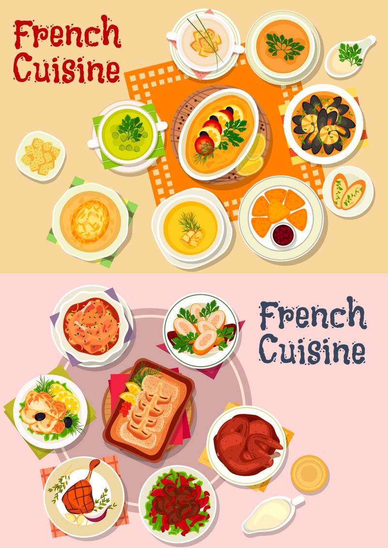 法国传统美食插图矢量设计