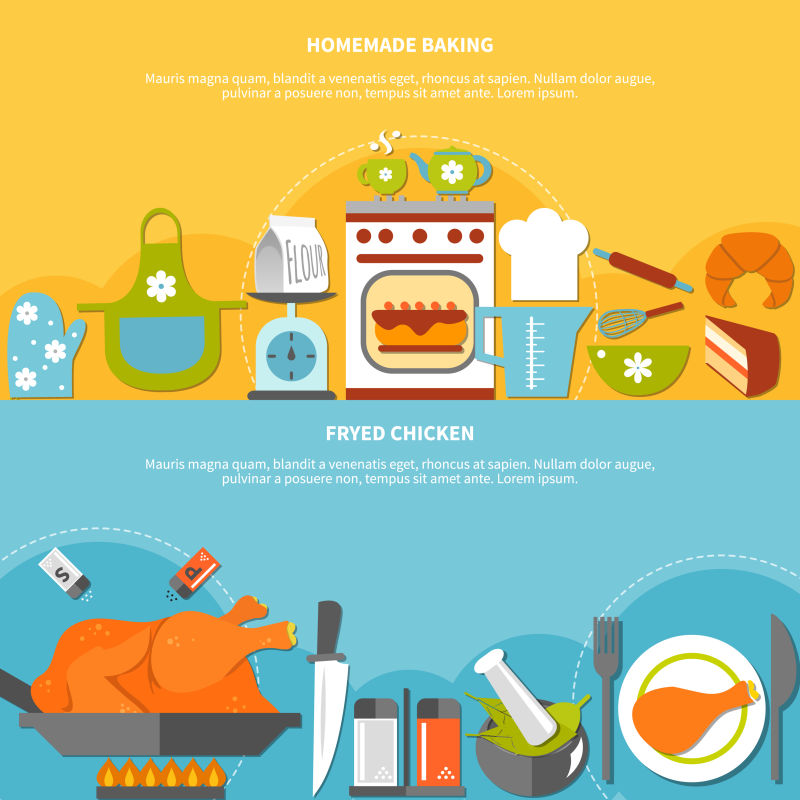 矢量创意厨房主题的横幅平面设计插图