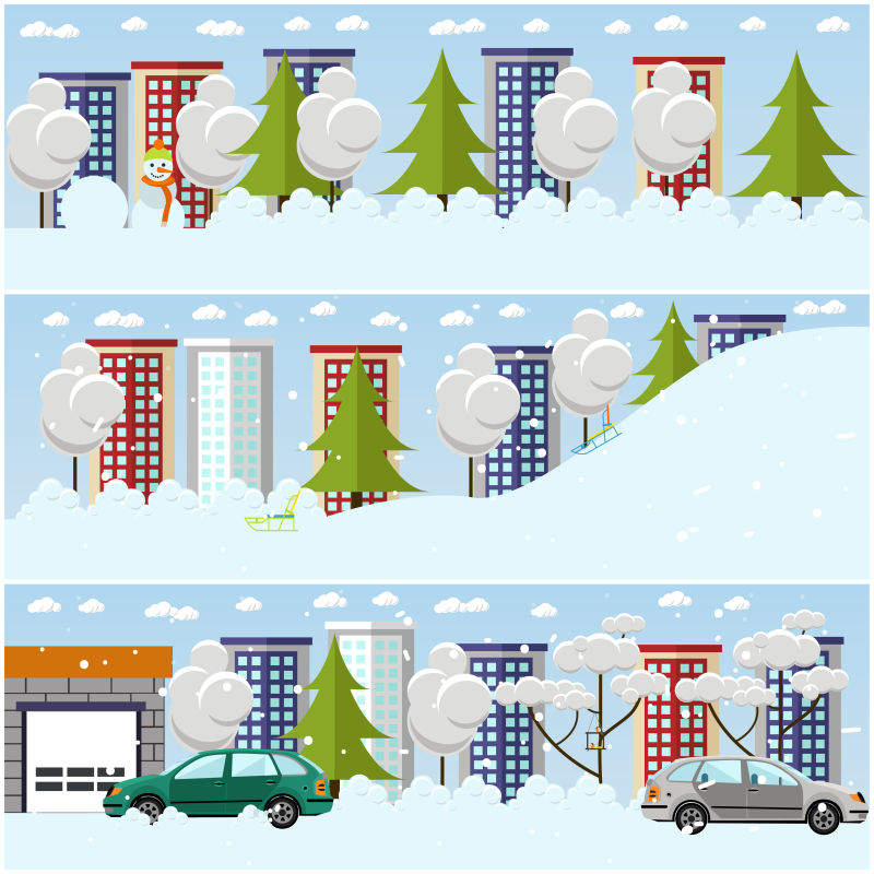 抽象矢量现代冬季城市的平面设计插图