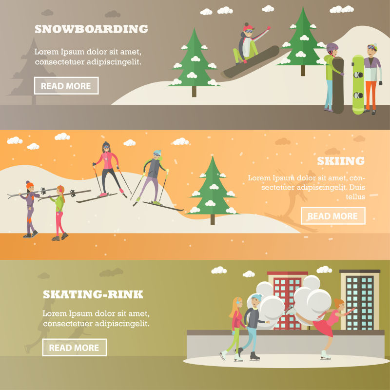 抽象矢量现代冬季滑雪主题的平面设计横幅