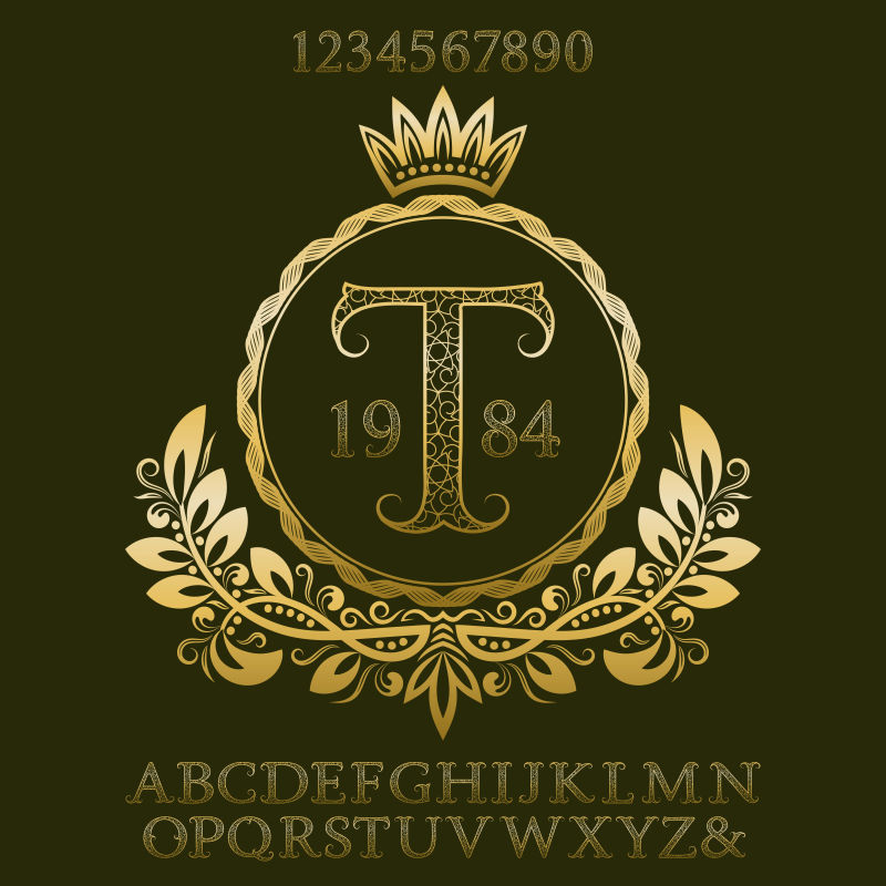 矢量金色花纹装饰的抽象字母标志设计