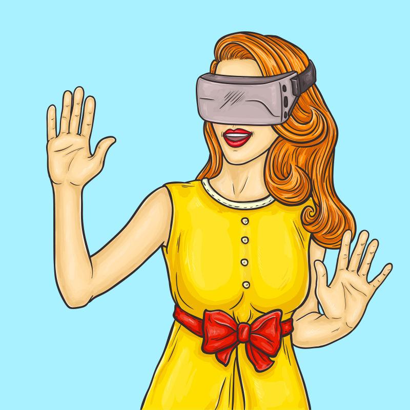 矢量波普艺术年轻女子使用虚拟现实眼镜