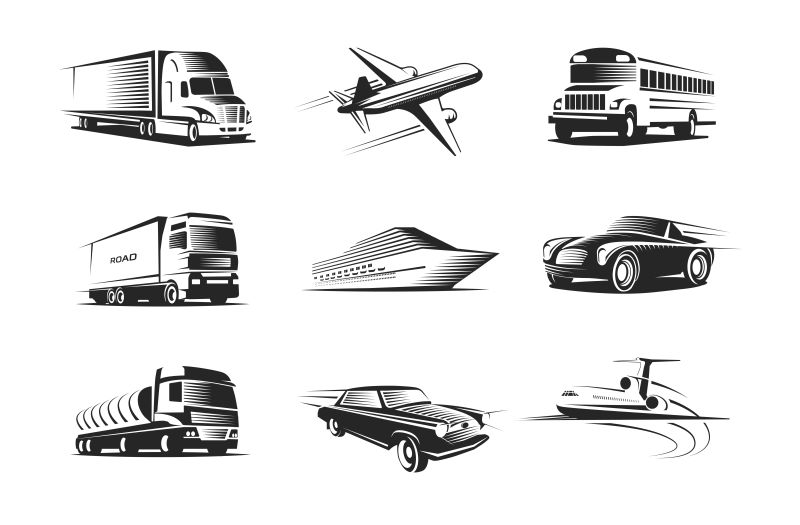 矢量创意单色风格的交通运输工具插图
