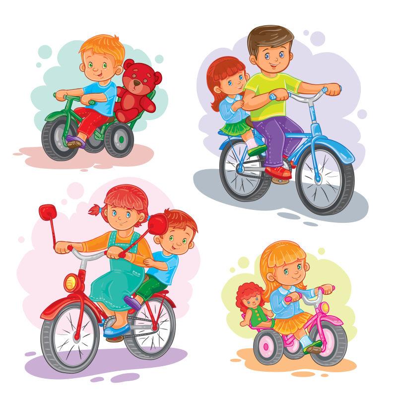 一组儿童骑自行车的卡通矢量