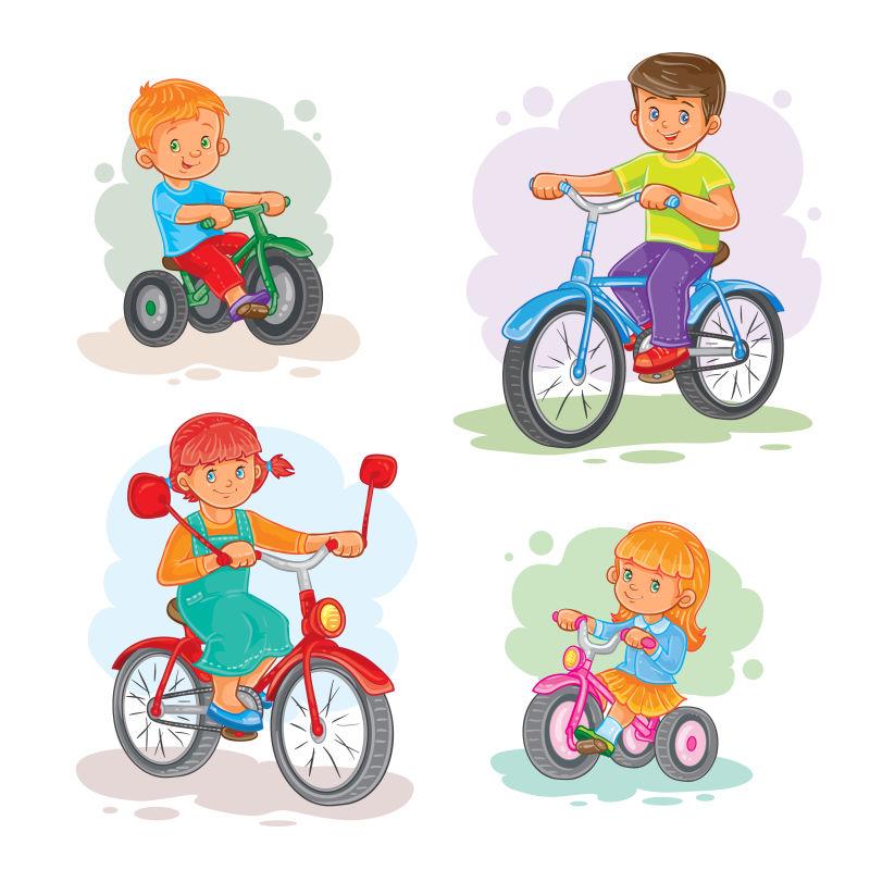 一组儿童骑自行车的图标矢量